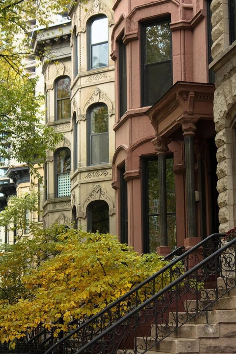A Chicago walk-up brownstone apartment building in autumn